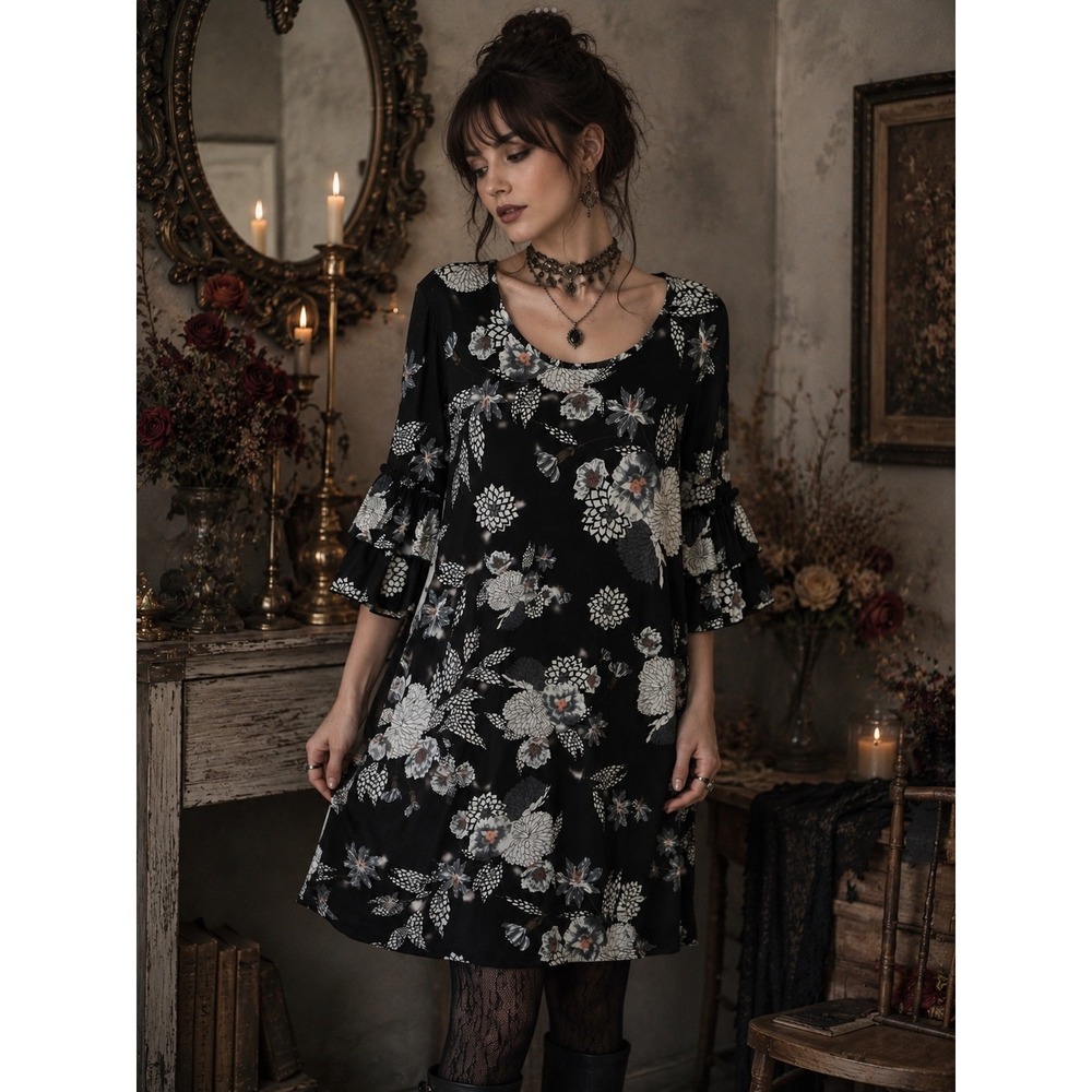 Espresso Black Floral Bell Sleeve Swing Dress Whimsigoth Boho A-Line Small